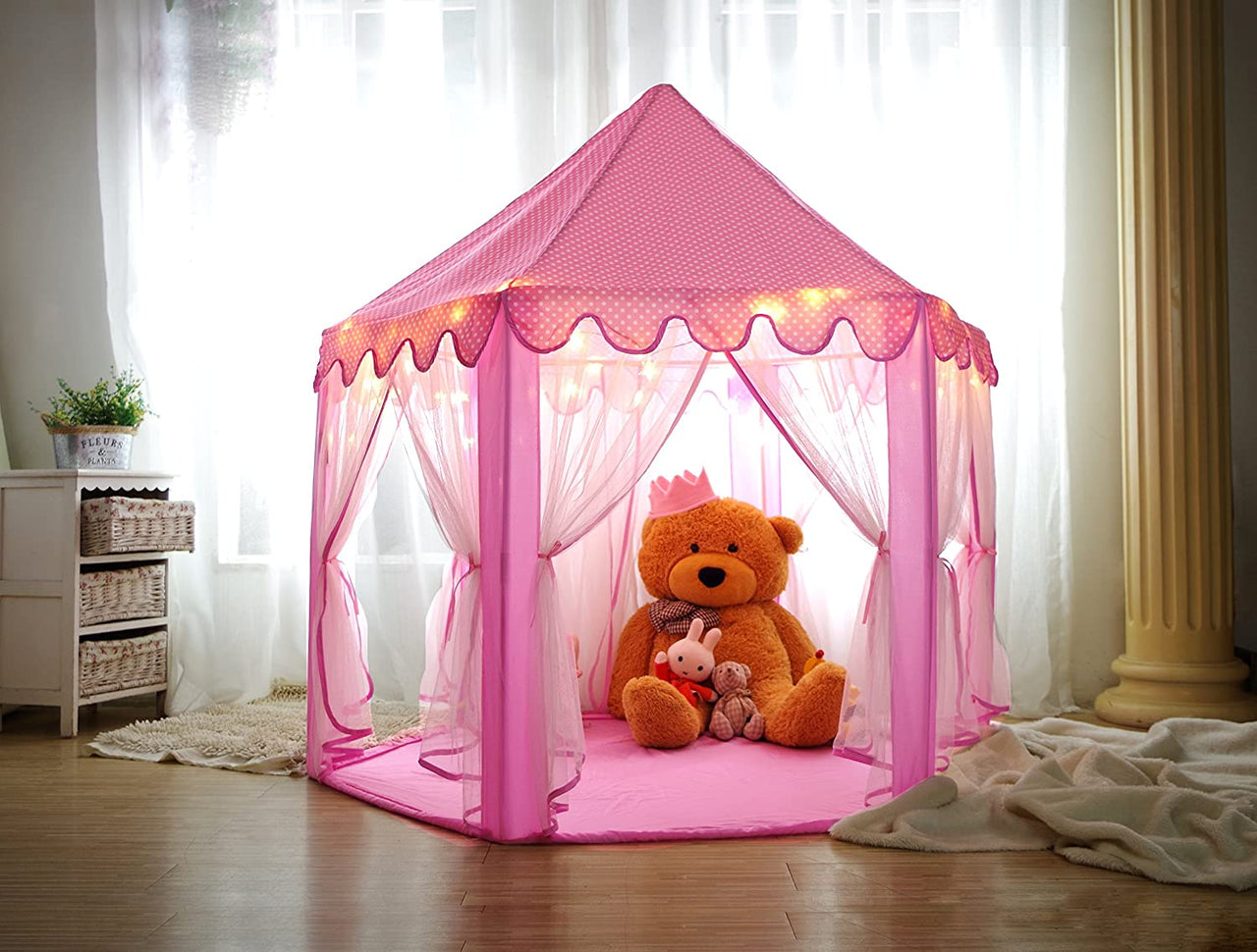 Princess Castle Play Tent House With Fairy Lights - Pink