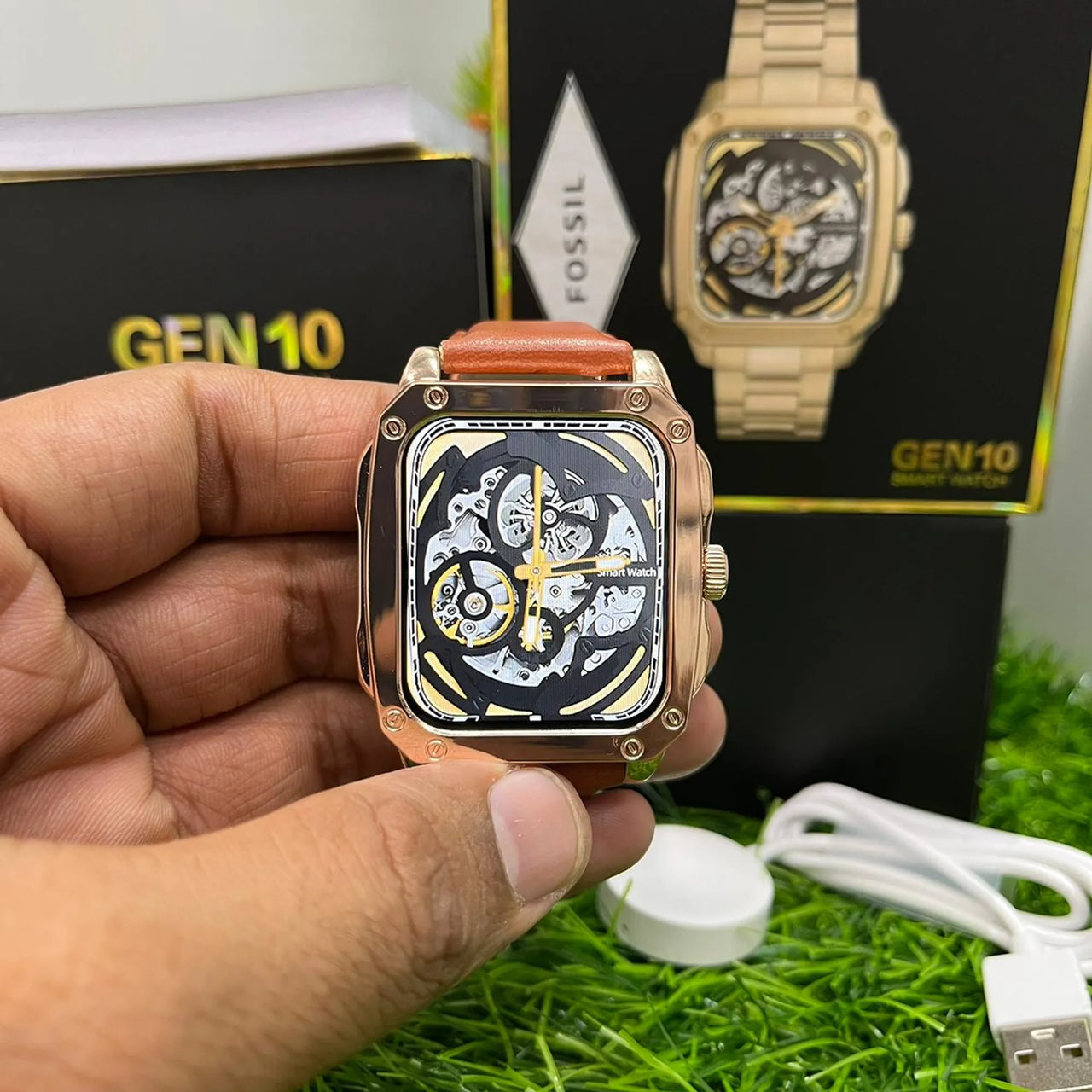 Gen-10 Smart Metal Watch With Gold & Lather Belt