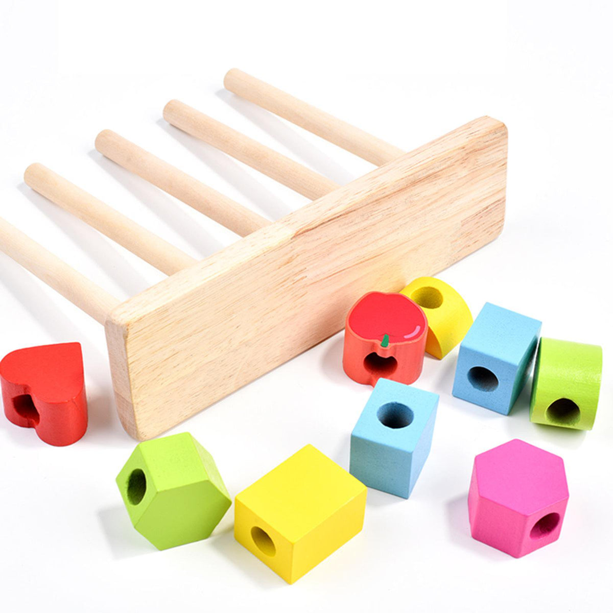 Wooden Montessori Shapes & Fruits Lacing Beads Set
