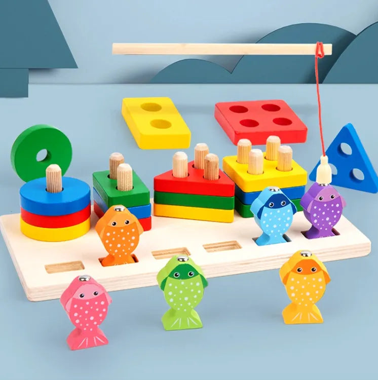 2in1 Wooden Fishing & Shapes Column Sorting Game