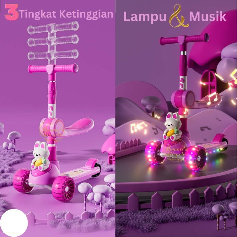 Rabbit Design Foldable Kids Scooter With LED Lights - Pink