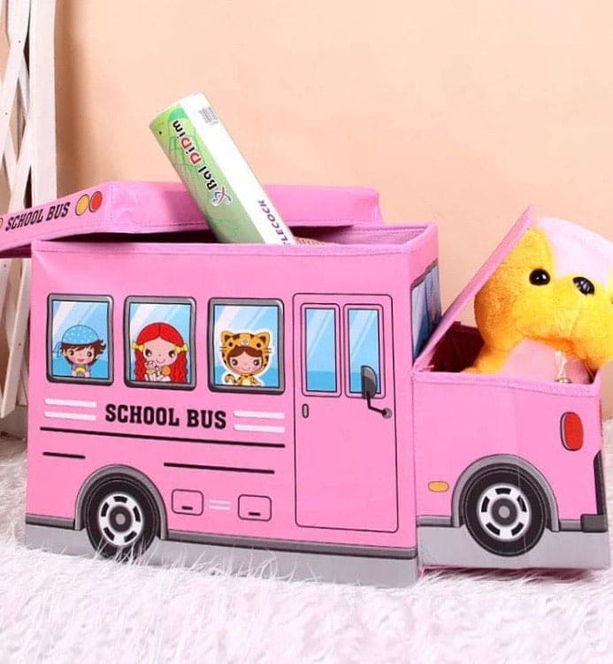 Kids Foldable Storage Box - School Bus Design Pink