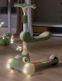 2in1 Dino Adjustable Height Kids Scooter With Light & Music - Green
