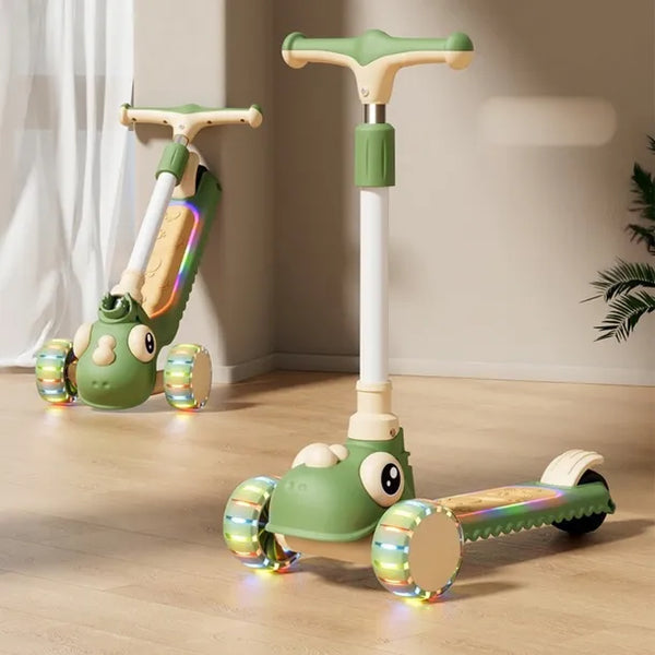 2in1 Dino Adjustable Height Kids Scooter With Light & Music - Green
