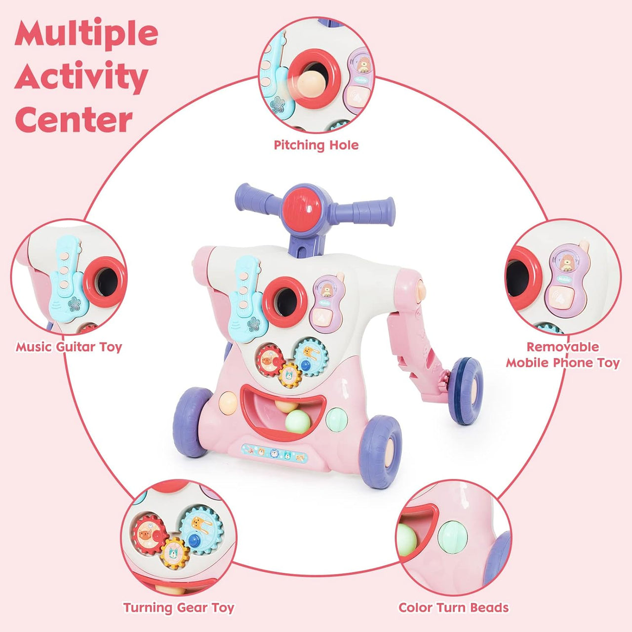 6in1 Multi-functional Baby Activity Musical Walker - Pink