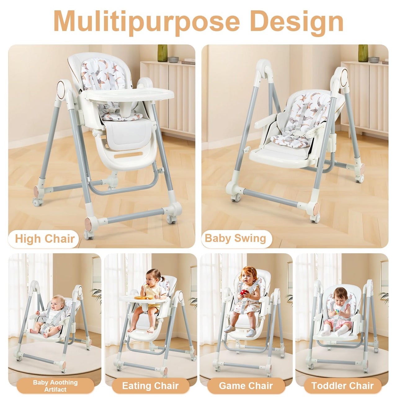 Portable Multi-functional Baby Swing Dining Chair - Beige