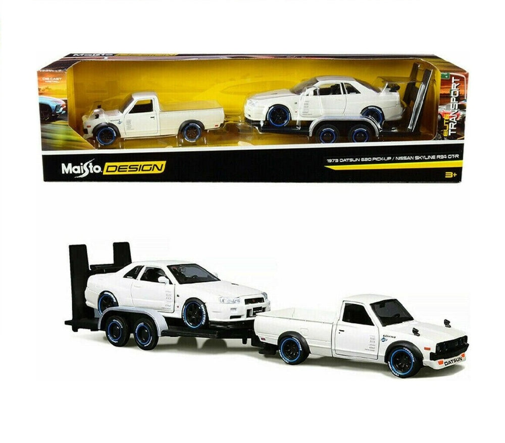 Maisto 1973 Datsun 620 Pickup with Nissan Skyline R34 & Trailer Set