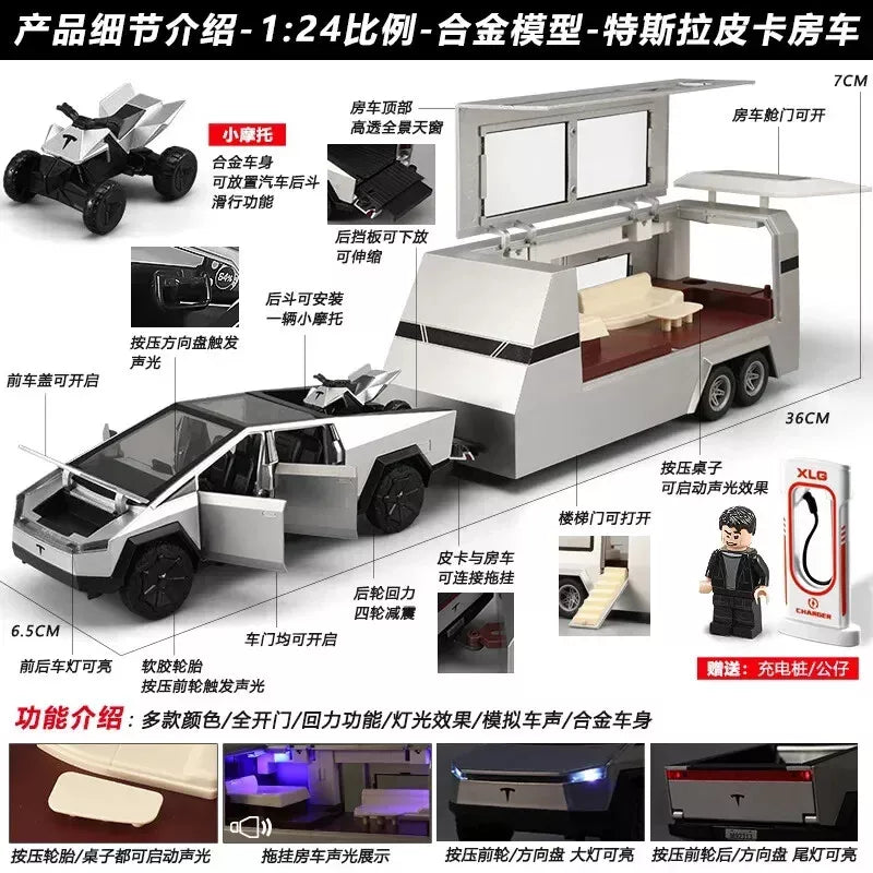 1:24 Diecast Tesla Pickup Truck With Trailer & Bike