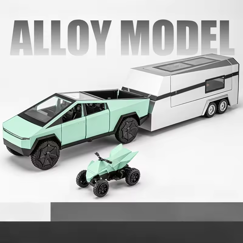 1:24 Diecast Tesla Pickup Truck Model With Trailer & Miniature